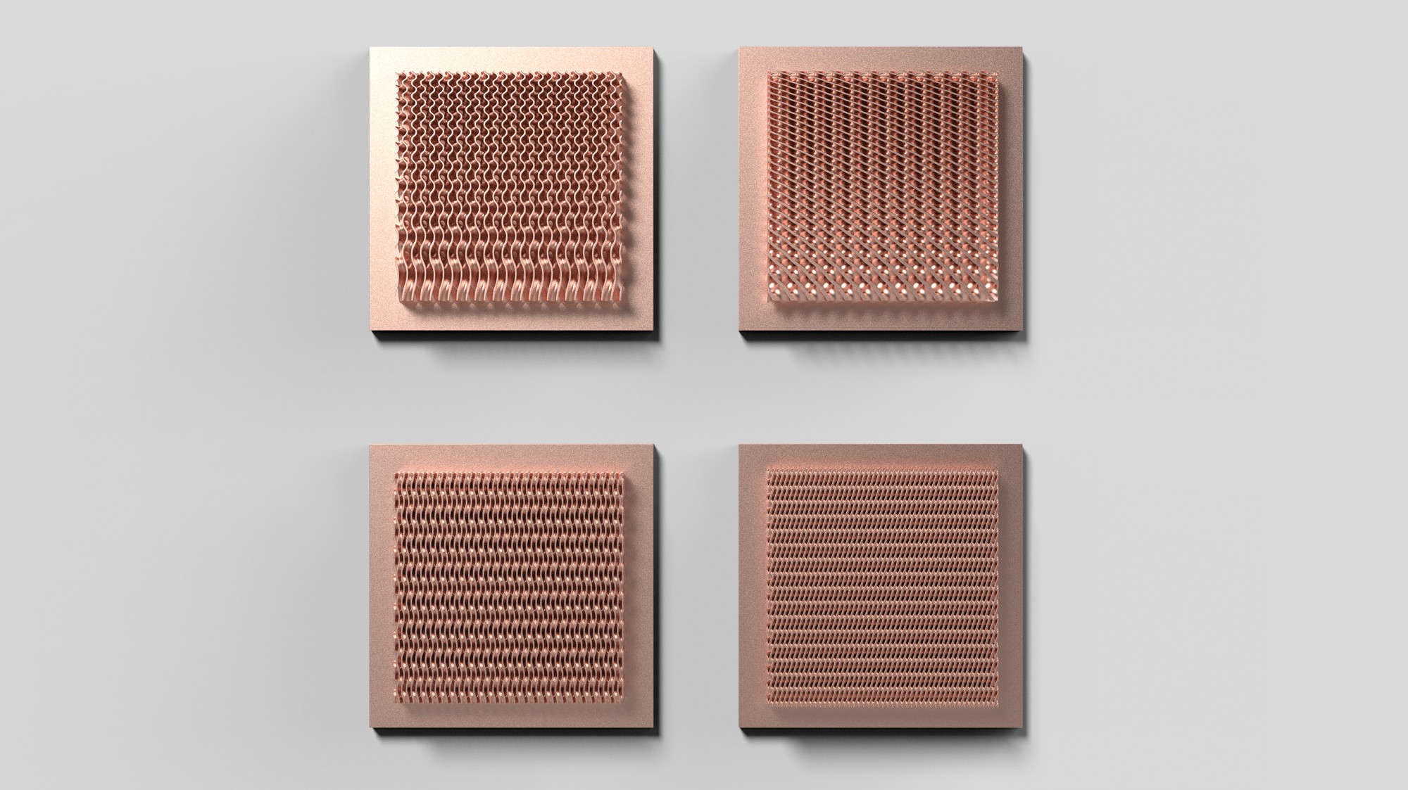 Four copper additive TPMS-style cold plate samples with different channel lattices