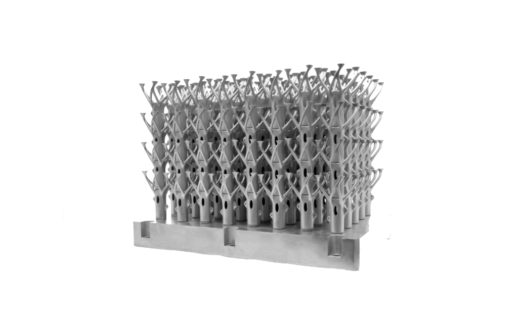 Dense nest of metal additive aviation multi-branch outlets on a build plate