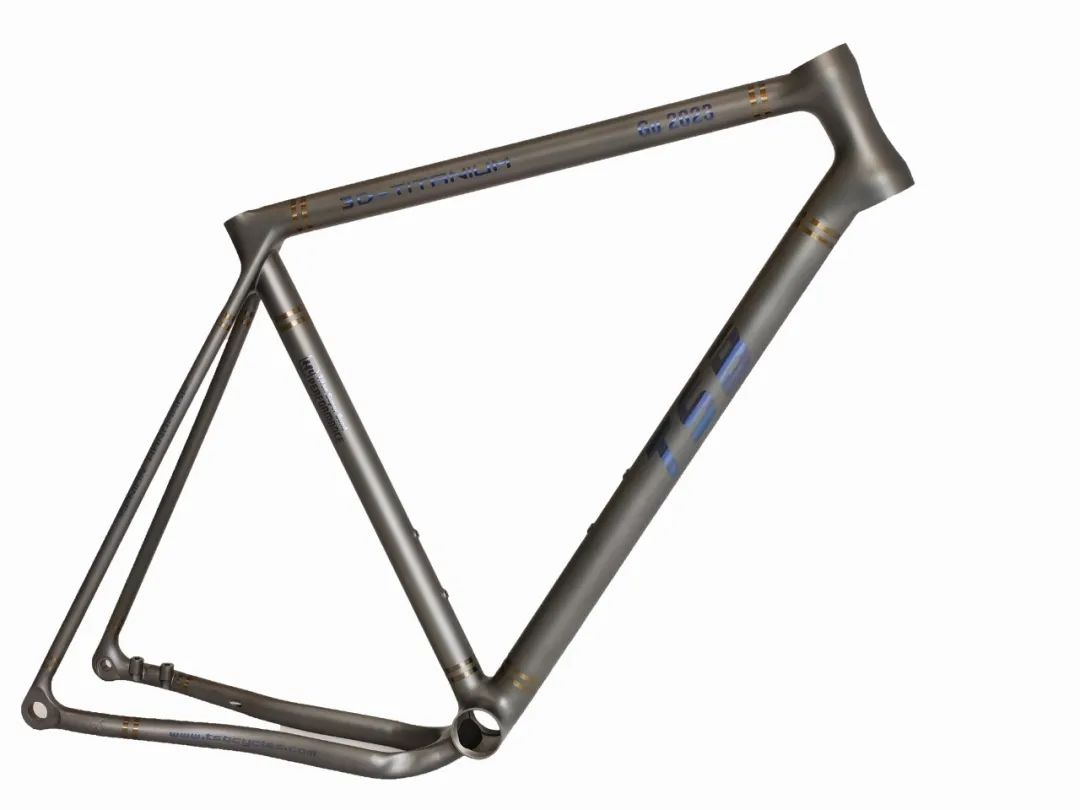 Titanium metal additive bicycle frame blank in a showroom setting